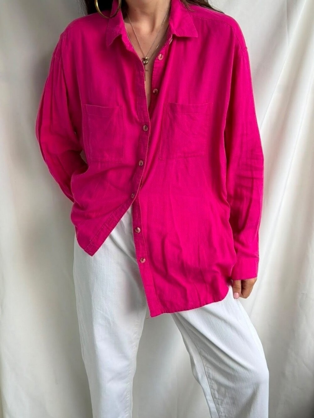 H.E.R Vintage 100% Silk Hot Pink Long Sleeve Button Down Capsule Women Shirt M